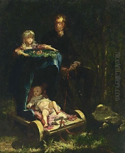 The Artist With His Grandchildren Oil Painting by Narcisse-Virgile D Az De La Pena