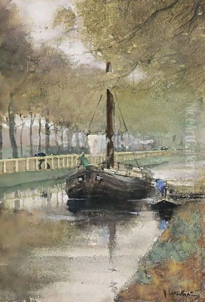 A Moored Boat In A Canal Oil Painting by Floris Arntzenius