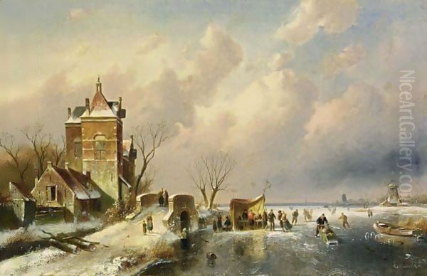 Skaters On The Ice Near A A´koek En Zopie A´ Oil Painting by Charles Henri Leickert