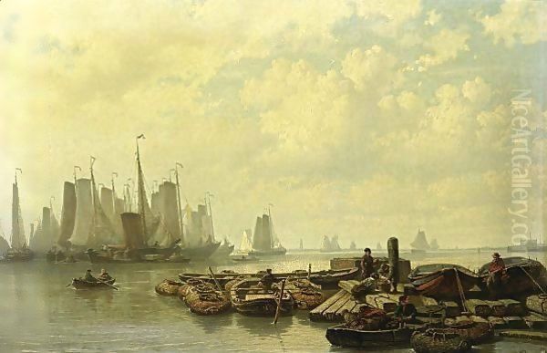 Fishing Boats At Anchor On The Ij Near Amsterdam Oil Painting by Johan Conrad Greive