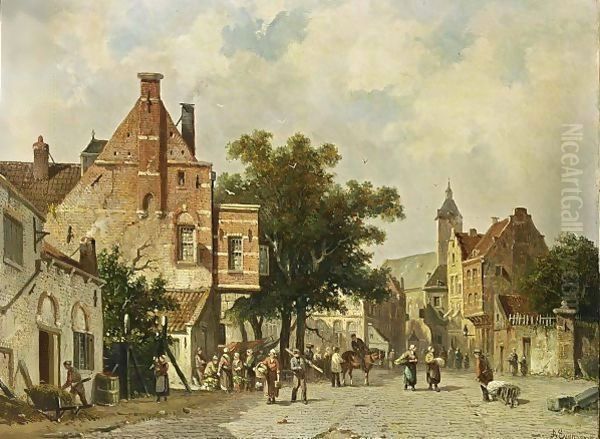 Townspeople On A Square Oil Painting by Adrianus Eversen