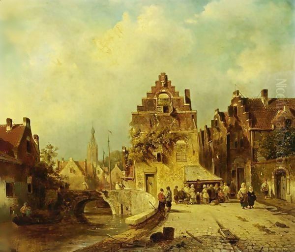 Villagers In The Streets Of A Dutch Town Oil Painting by Charles Henri Leickert