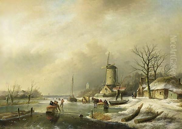 Figures With A Horse-Drawn Sledge On A Frozen River Oil Painting by Jan Jacob Coenraad Spohler