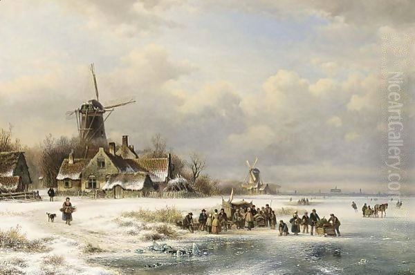 Skaters On A Frozen River Near A A'Koek En Zopie A' Oil Painting by Lodewijk Johannes Kleijn