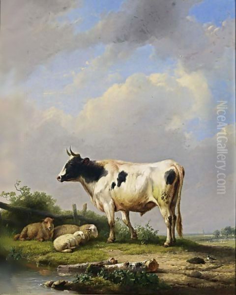 A Bull And Sheep In A Meadow Oil Painting by Eugene Verboeckhoven