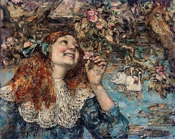 A Young Girl With Swans Oil Painting by Edward Atkinson Hornel