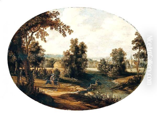 A River Landscape With A Stag Hunt Oil Painting by Isaak van Oosten