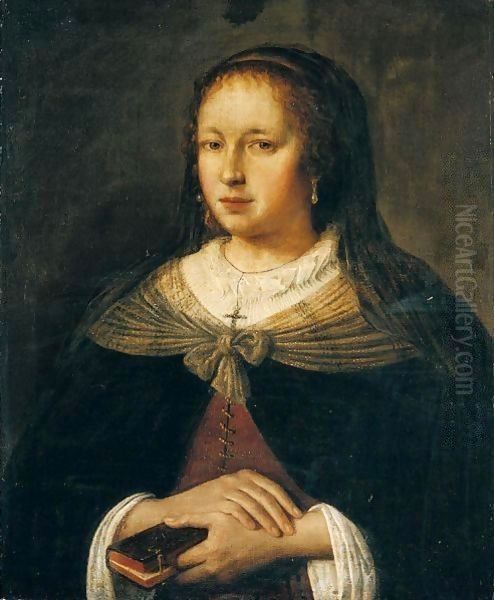 Portrait Of A Lady, Half Length, Wearing Black, Holding A Book Oil Painting by Jan Victors