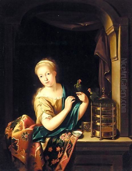 A Young Girl At A Window, Holding A Parrot Oil Painting by Willem van Mieris