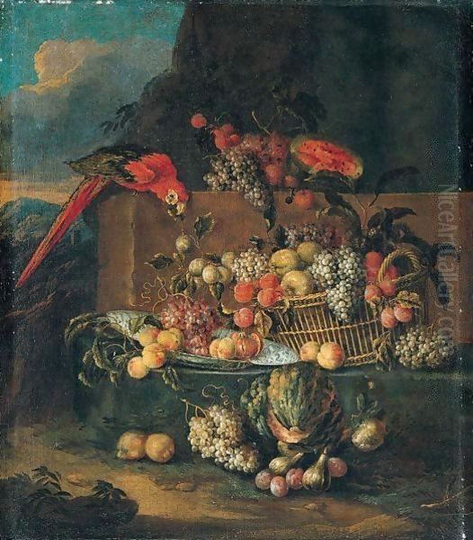 Still Life Of Fruits In A Basket And A Blue And White Dish With A Parrot In A Landscape Oil Painting by Jan Pauwel II the Younger Gillemans