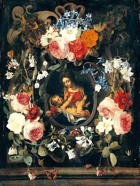 A Still Life Of A Garland Of Flowers With The Virgin And Child Set Within A Stone Cartouche Oil Painting by Christiaan Luyckx