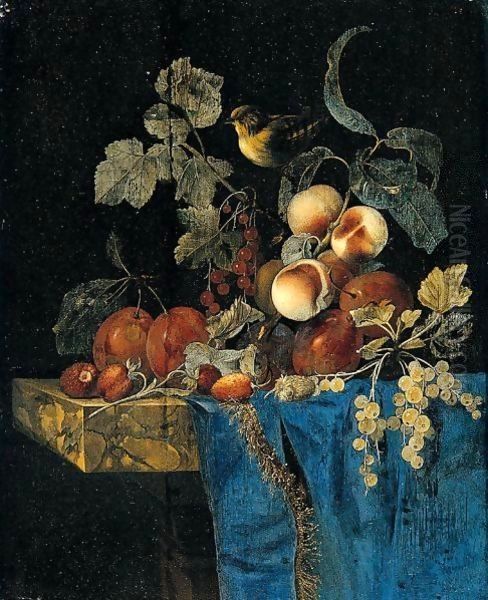 Still Life Of Apricots, Plums, Red And White Currants And Strawberries Arranged On A Marble Ledge Draped With A Blue Cloth And A Bird Oil Painting by Willem Van Aelst