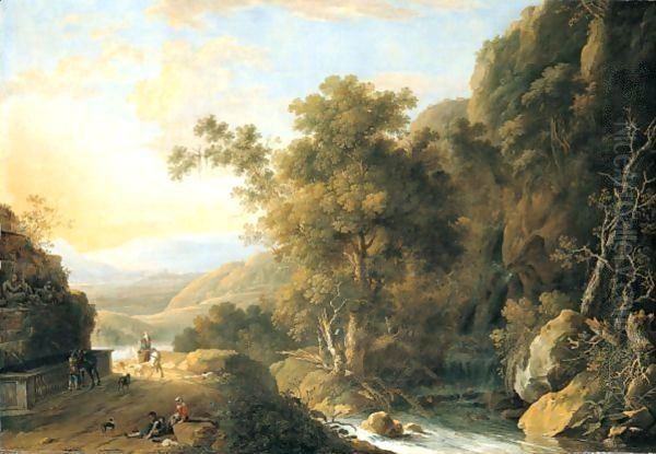 Southern Landscape With Travellers And Animals Beside A Fountain Near A Waterfall Oil Painting by Caspar Andriaans Van Wittel