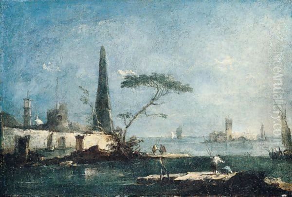 A Capriccio Of The Venetian Lagoon With An Obelisk, A Fortified Island, And Fishermen In The Foreground Oil Painting by Francesco Guardi