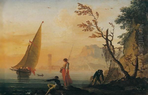 A Coastal Landscape At Sunset With Fisherfolk In The Foreground Oil Painting by Charles Francois Lacroix de Marseille