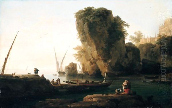 A Cove On A Rocky Mediterranean Coast, With Small Vessels And Fishermen Oil Painting by Claude-joseph Vernet