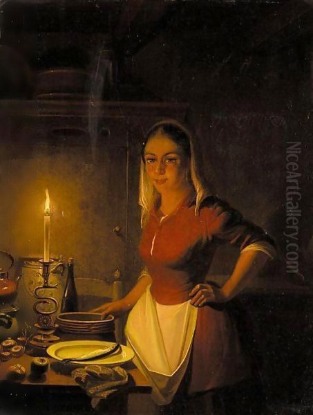 Parlour Maid By Candlelight Oil Painting by Pieter Gerardus Sjamaar