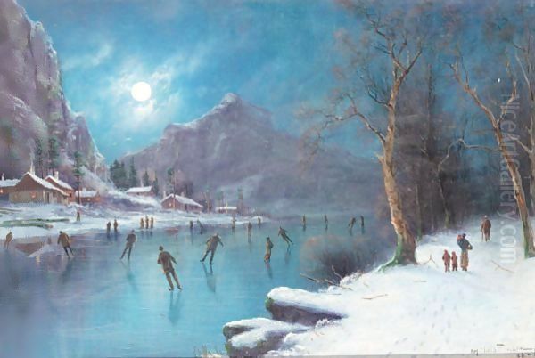 Skaters On A Frozen Lake By Moonlight Oil Painting by Nils Hans Christiansen