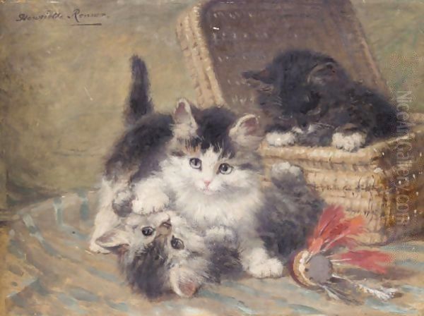 Three Kittens Playing, An Oil Sketch Oil Painting by Henriette Ronner-Knip