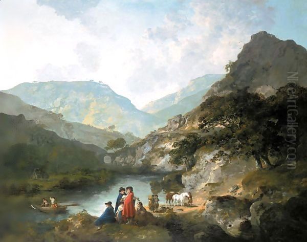 The Salmon Fishery At Pont Aberglaslyn, North Wales Oil Painting by Julius Caesar Ibbetson