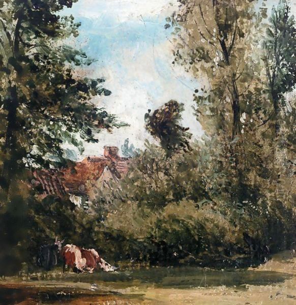 A Cottage Hidden By Trees, Cows Grazing In The Foreground Oil Painting by Frederick Waters Watts