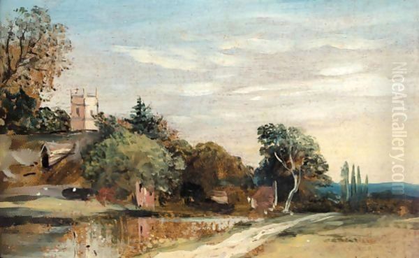 Aylesford Church, Kent, From The River Medway And A Village In A Wooded Landscape Oil Painting by Frederick Waters Watts