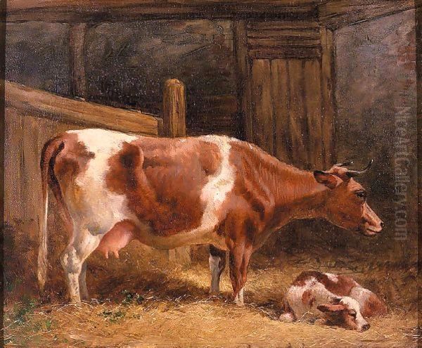 A Cow And Calf In A Stall Oil Painting by John Frederick Herring Snr