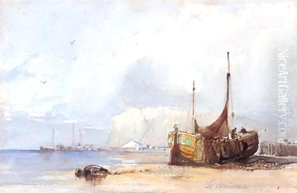 Figures Unloading Fishing Boats On The Shore Oil Painting by William James Muller