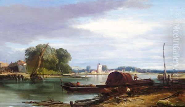 Loading Barges On The Thames Oil Painting by William James Muller