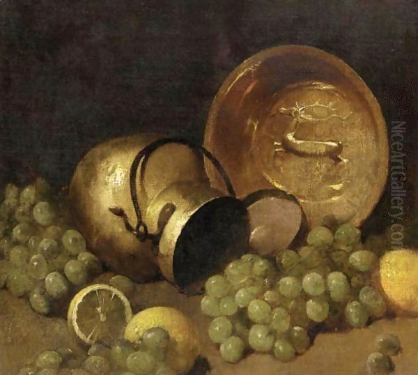 Copper Pots, Lemons And Grapes Oil Painting by Emil Carlsen