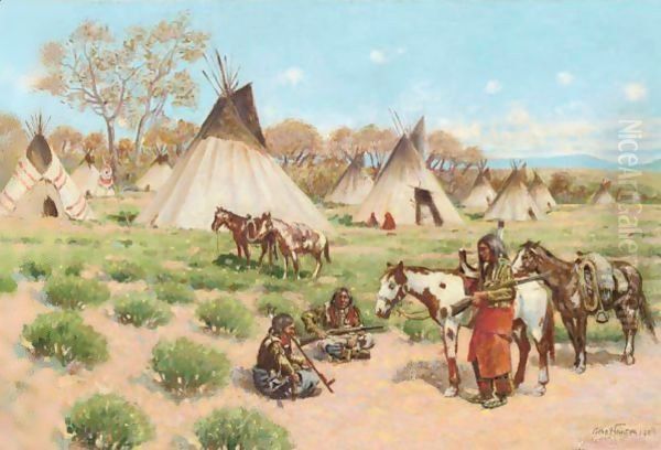 A Visit In Camp, Pine Ridge Reservation, South Dakota Oil Painting by John Hauser