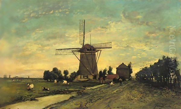 Moulin A Vent Pres D'Overschie Oil Painting by Johan Barthold Jongkind