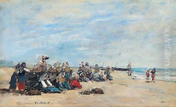 Berck. Groupe De Pecheuses Assises Sur La Greve Oil Painting by Eugene Boudin