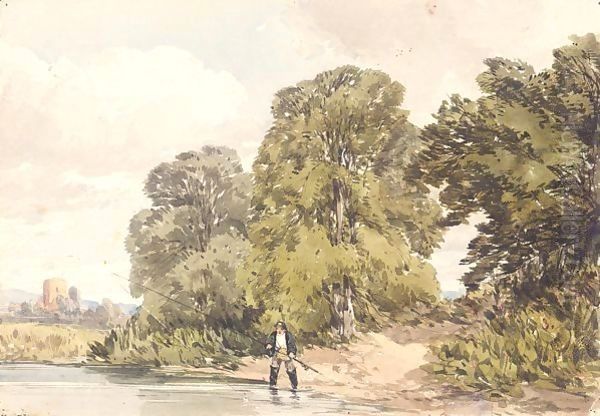 Fisherman On A River With Woodland And A Church In The Background Oil Painting by William Callow