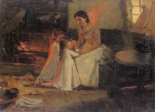 Fireside players Oil Painting by Thomas Hill