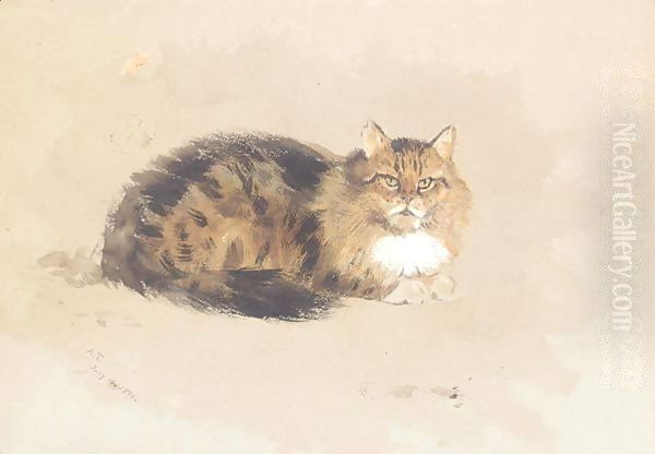 Study of cat Oil Painting by Archibald Thorburn