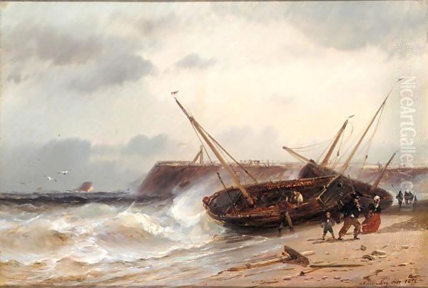 Beach boats threatened by heavy seas by Charles Euphraisie Kuwasseg