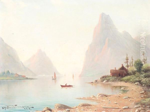 Fjord landscape Oil Painting by Nils Hans Christiansen