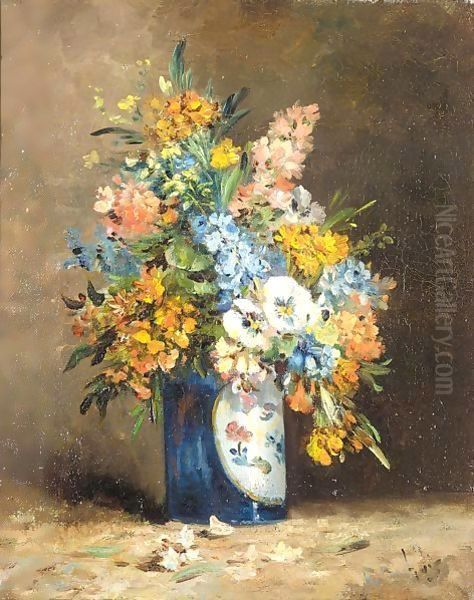 Still life of summer flowers in a vase Oil Painting by Eugene Henri Cauchois