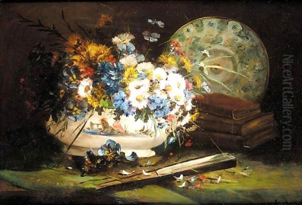 Still life of daisies and pansies in a vase Oil Painting by Eugene Henri Cauchois