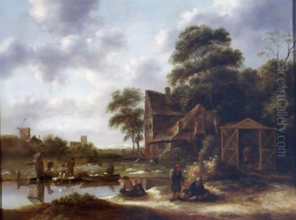 Figures In A Landscape With A Bleaching Field Oil Painting by Claes Molenaar (see Molenaer)