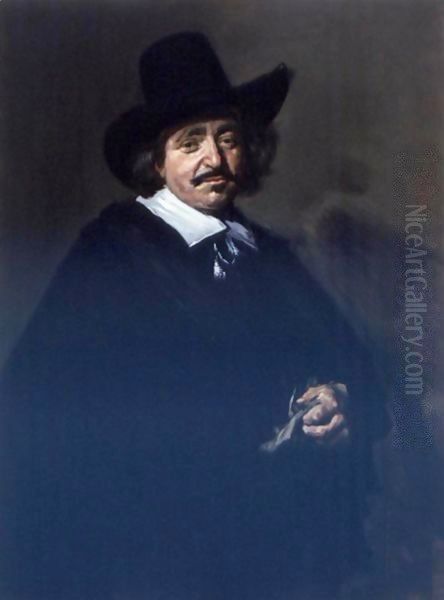 Portrait Of A Gentleman, Three-Quarter Length, In A Black Coat And Cape With A Black Hat, Holding Gloves Oil Painting by Frans Hals