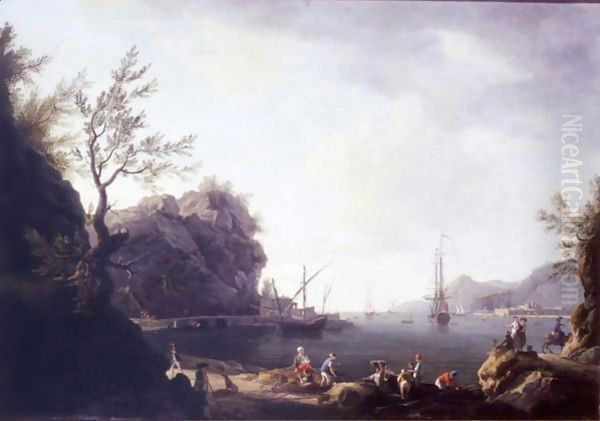 A Mediterranean Coastal Scene With A Frigate Flying The Red Ensign Oil Painting by Thomas Patch