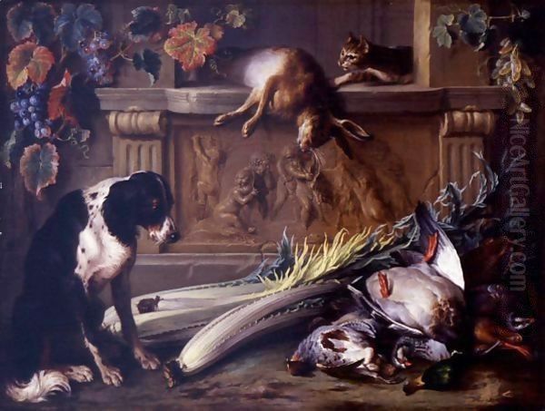 Still Life With Game, A Dog, A Cat And A Hare On A Table Decorated With A Bas Relief By Francois Duquesnoy Oil Painting by Alexandre-Francois Desportes