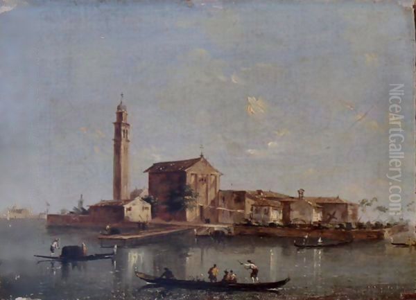 A View Of The Island Of San Giorgio In Alga, Venice, With Gondolas In The Foreground Oil Painting by Giacomo Guardi