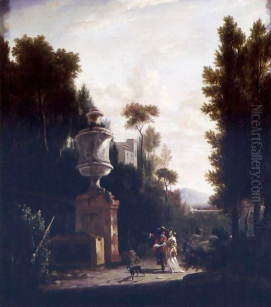 An Italianate Wooded Landscape With Figures On A Path Oil Painting by Frederick De Moucheron