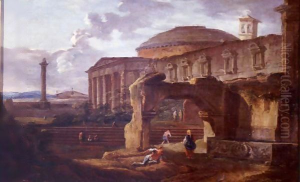 Landscape With Antique Ruins Oil Painting by Hubert Robert