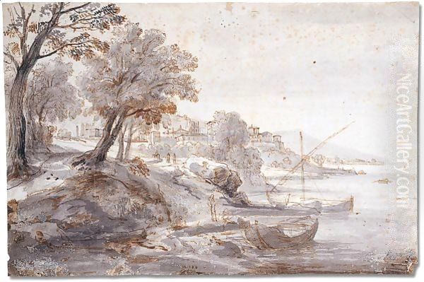 Boats on a river Oil Painting by Caspar Andriaans Van Wittel