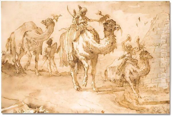 Orientals riding camels near a pyramid Oil Painting by Giovanni Domenico Tiepolo