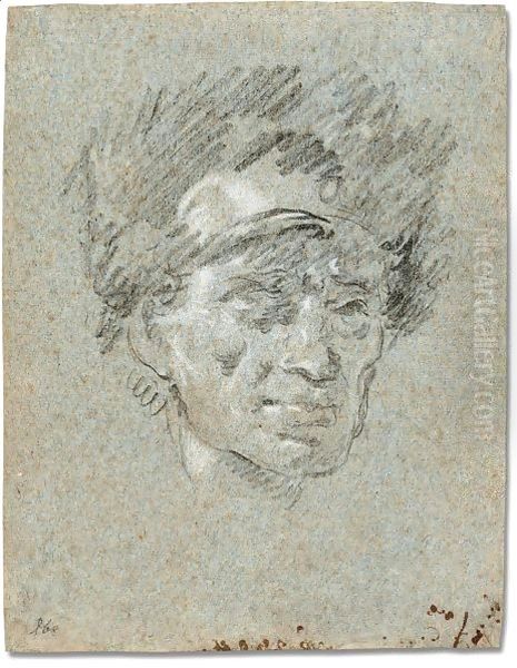 Hed of a man wearing a fur hat Oil Painting by Giovanni Domenico Tiepolo